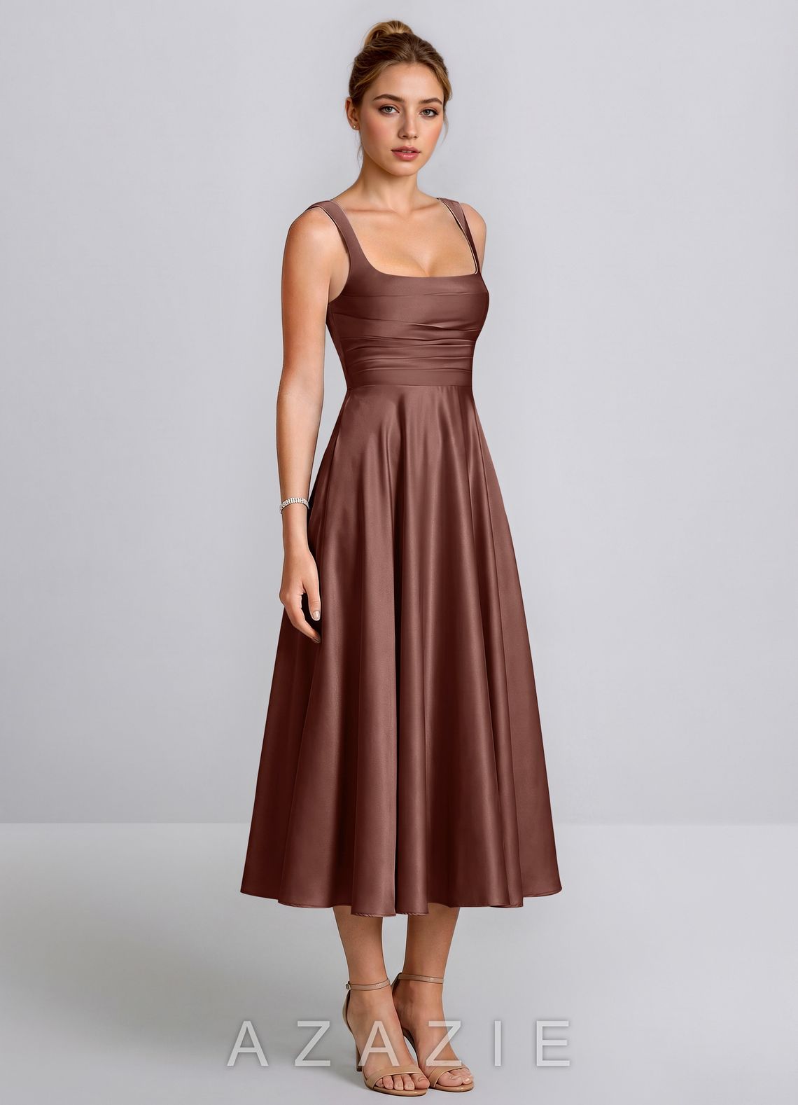 Ines Mocha Coco Square Neck Satin Lace-Up A-Line Midi Dress