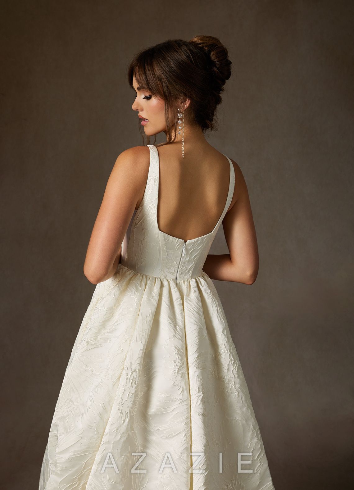 Azazie Skylin Antique White Ball-Gown with Pockets Floral Jacquard Dress antique_white