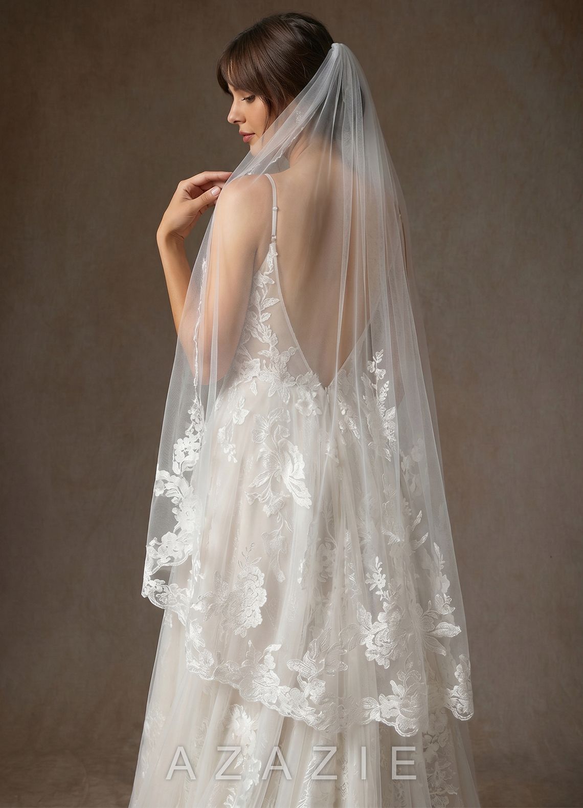 Cora Eileen Lace Floral Applique Fingertip Veil  diamond_white
