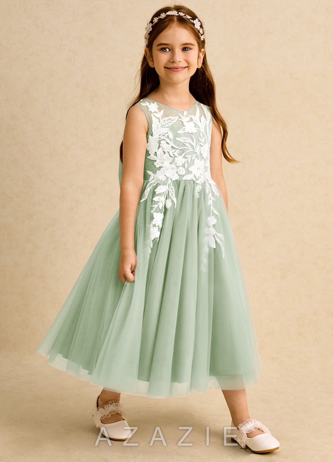 Azazie Sundae Dusty Sage Ball-Gown Lace Dress dusty_sage