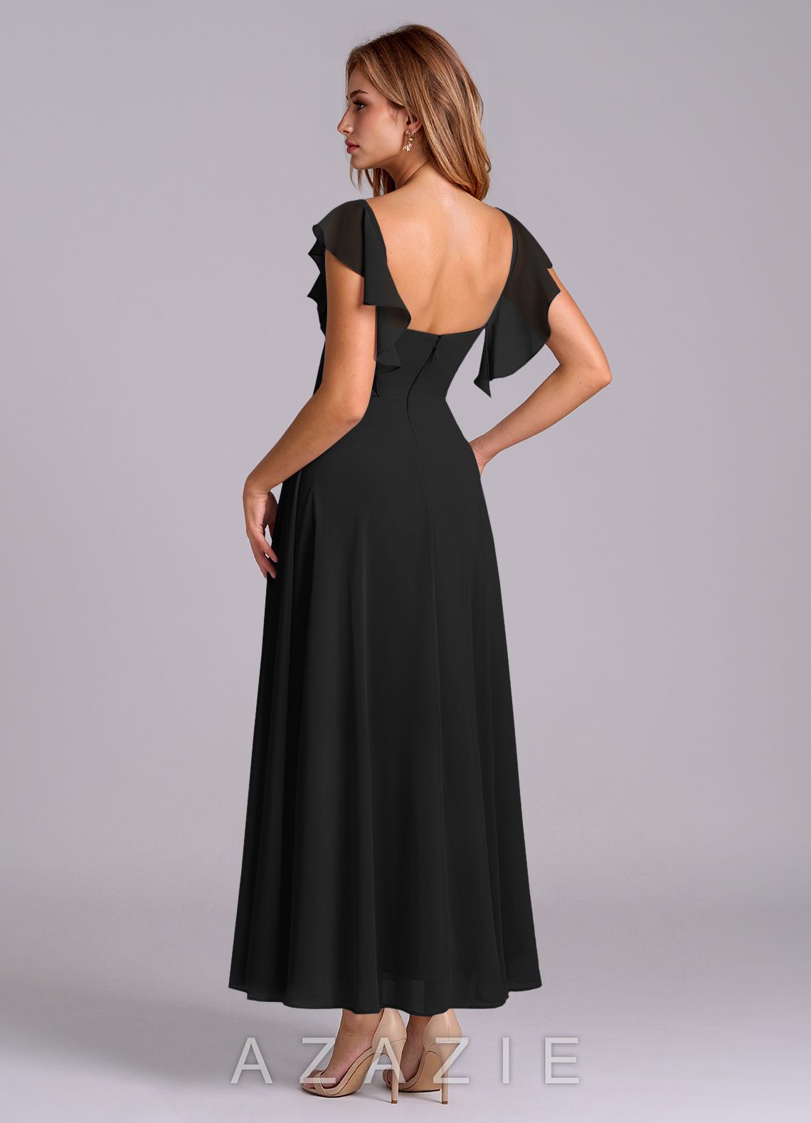 Azazie Leilani Black A-Line Ruched Chiffon Dress black