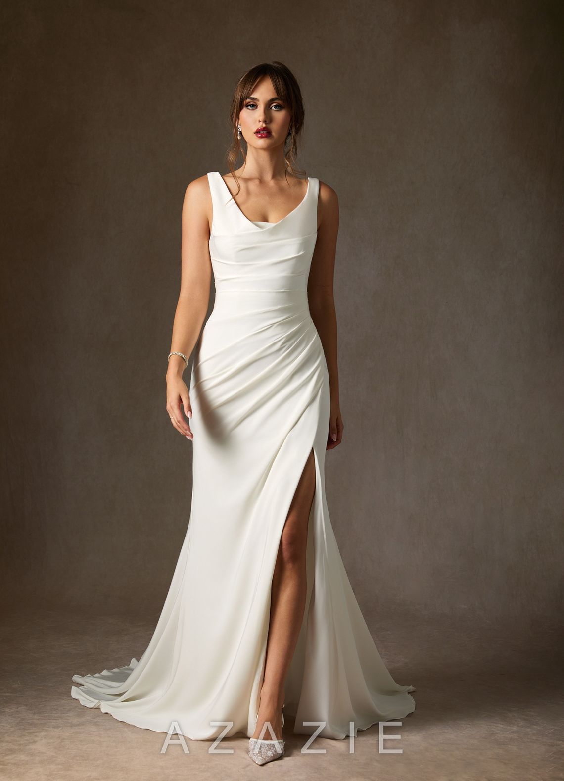 Azazie Daira Wedding Dress Diamond White Mermaid Scoop Pleated Crepe Back Satin Dress