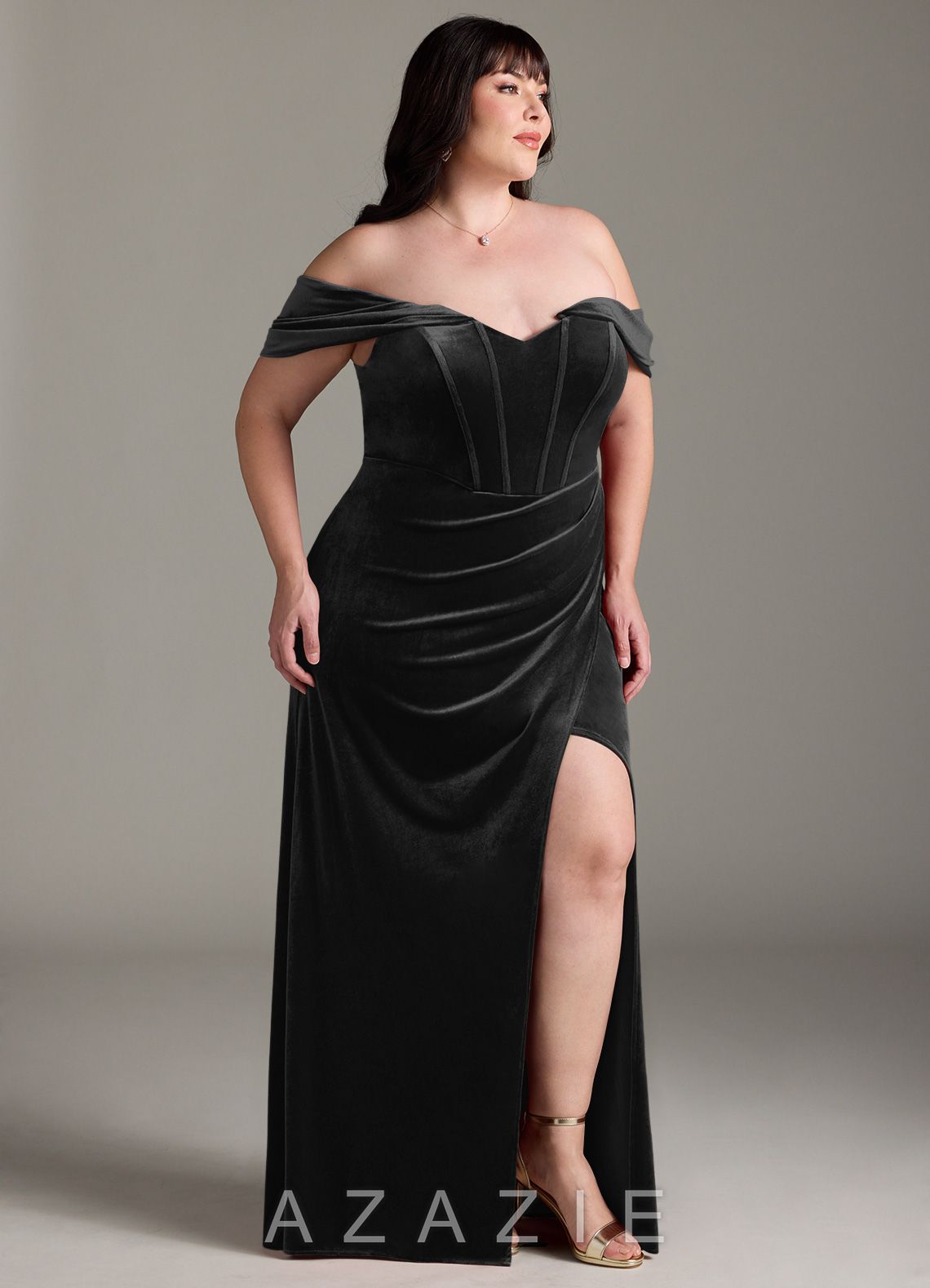 Azazie Jas Black Sheath Off-The-Shoulder Corset Velvet Convertible Dress black
