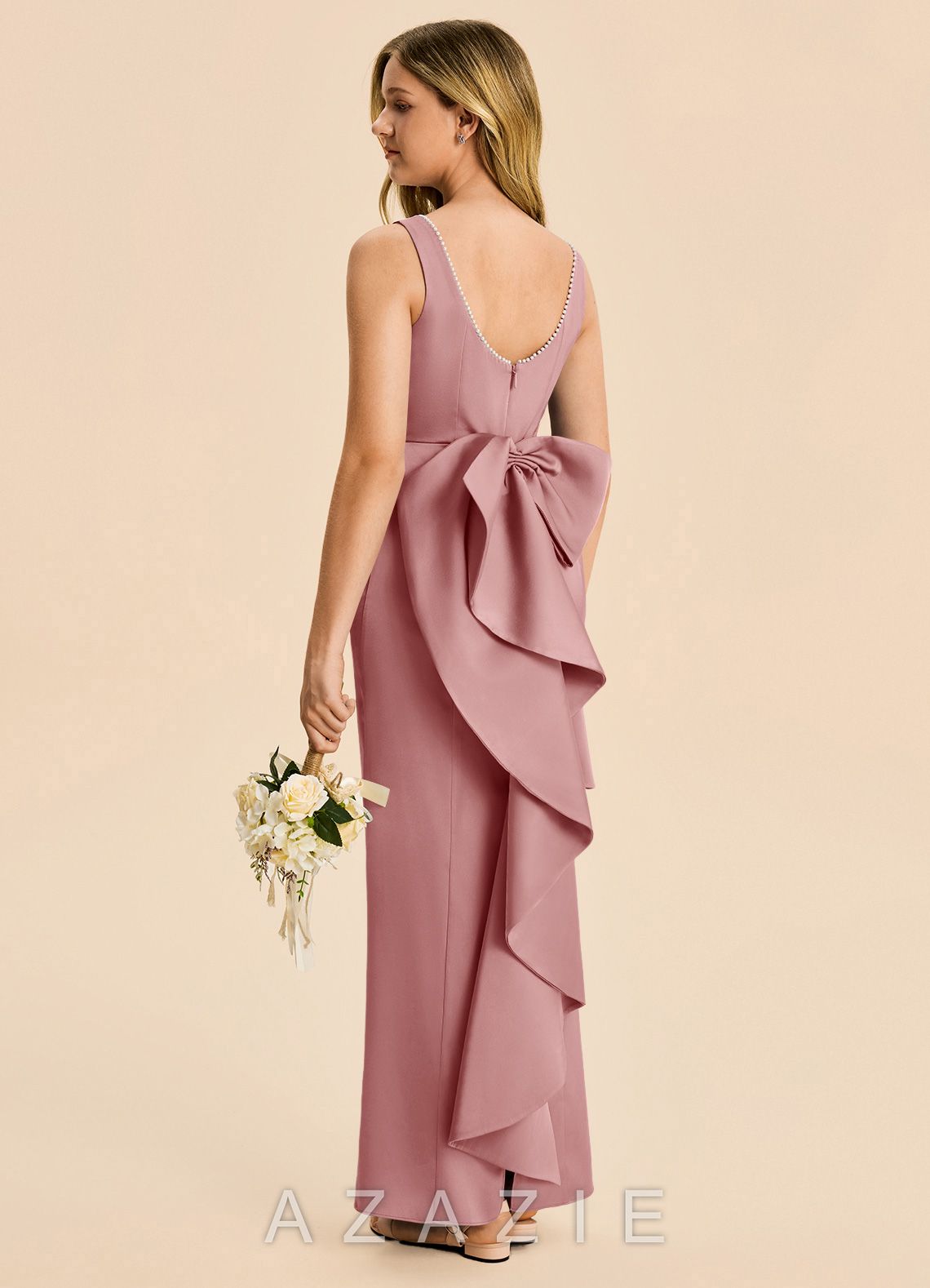 Azazie Emi Junior Dusty Rose Sheath Bow Stretch Satin Dress dusty_rose