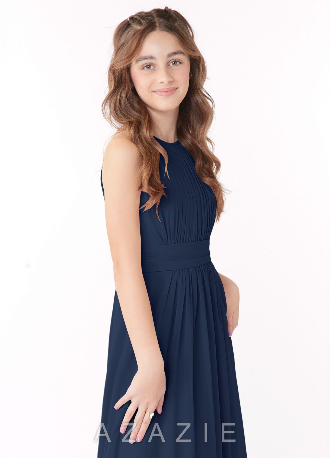 Azazie Bonnie Junior Dark Navy A-Line Pleated Chiffon Dress dark_navy