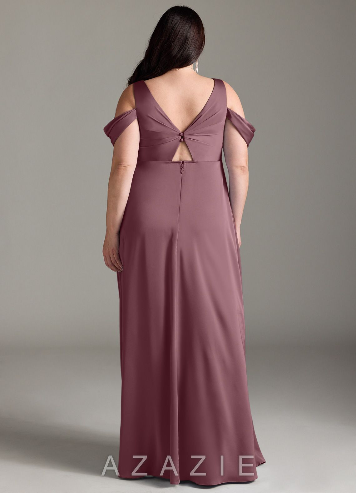Azazie Rhea Stretch Satin Dress A-Line Off-The-Shouler Pleated Stretch Satin Floor-Length Dress amethyst