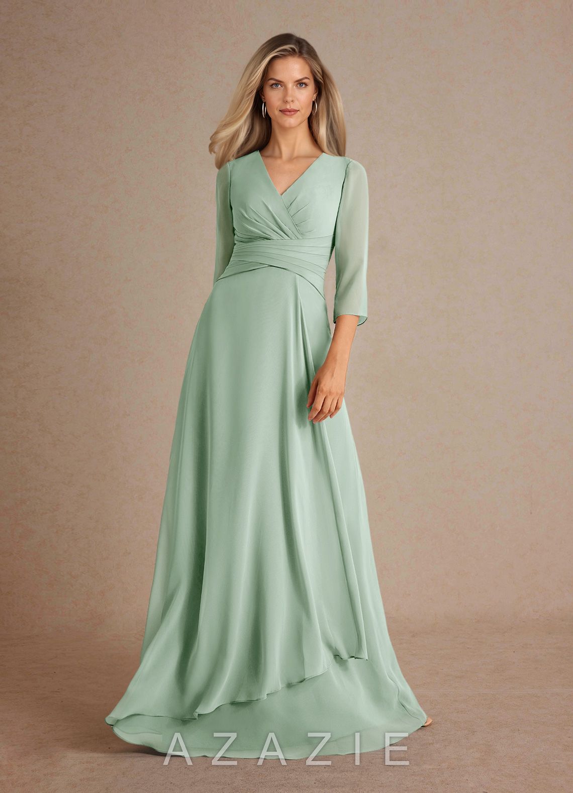 Azazie Mayfield Agave A-Line Pleated Chiffon Dress agave