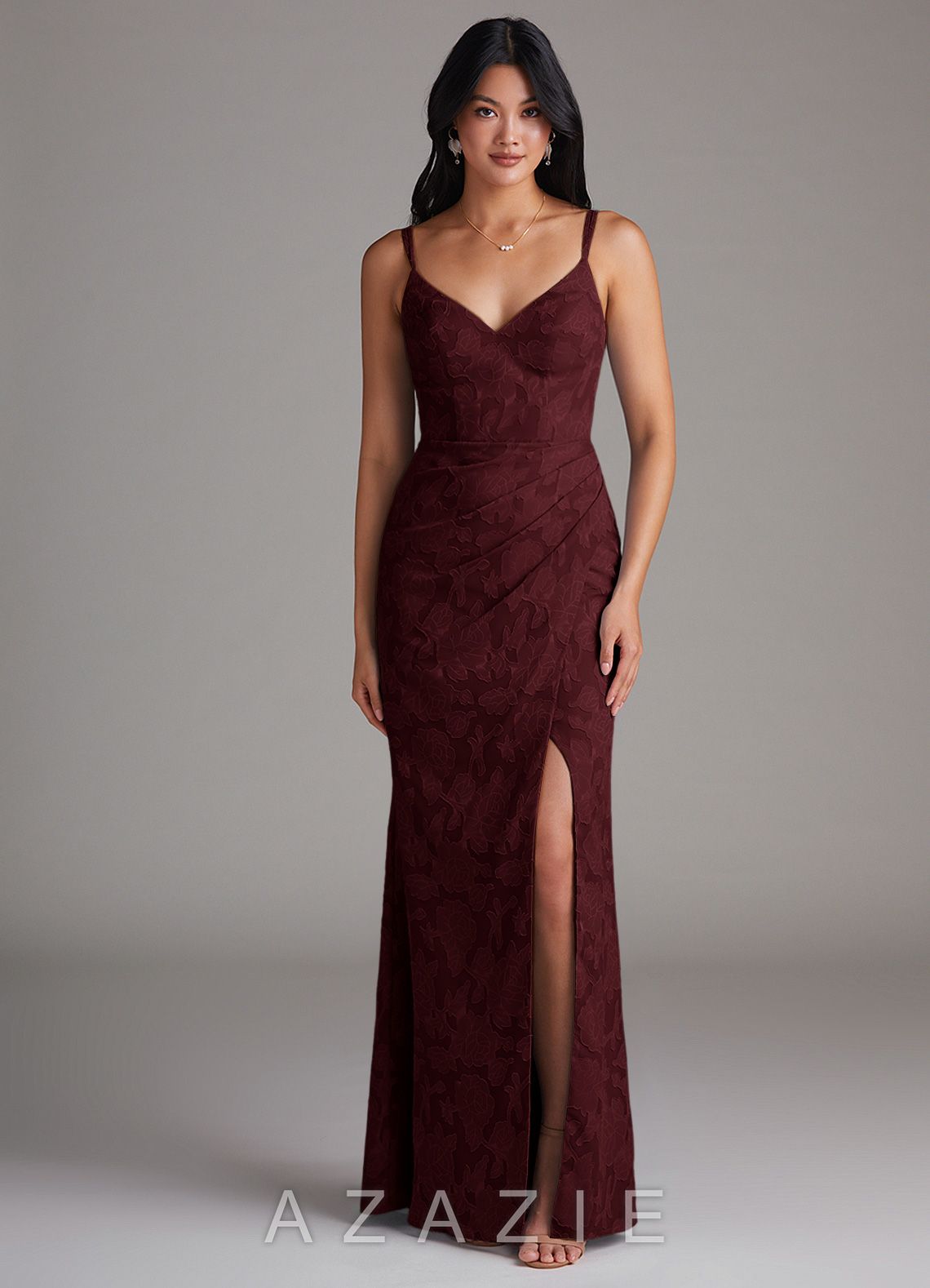 Azazie Leo Cabernet Sheath Pleated Floral Burnout Dress