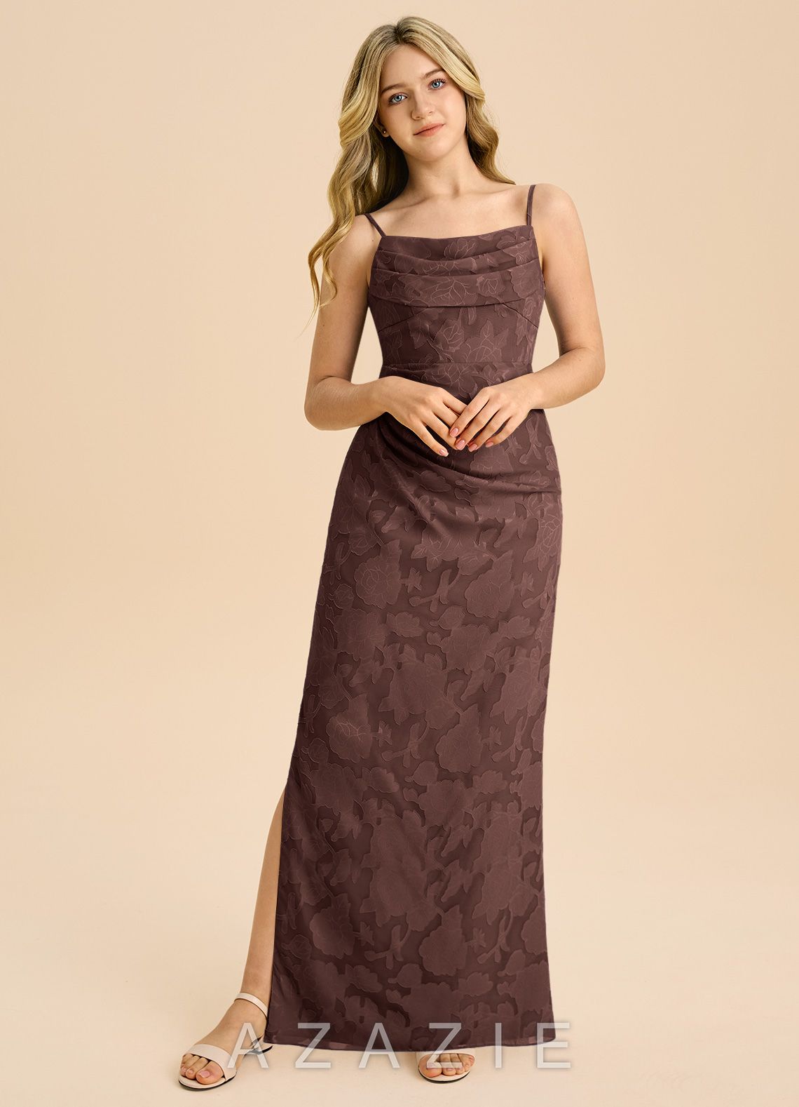 Azazie Mai Junior Espresso Sheath Pleated Floral Burnout Dress espresso