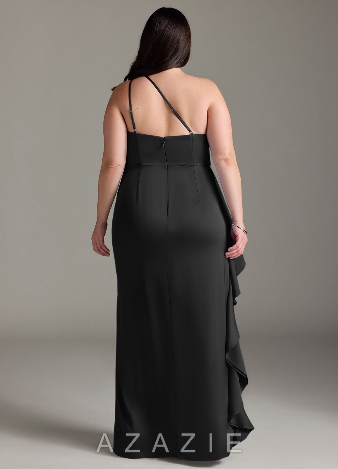 Azazie Latrice Black Sheath One Shoulder Cascading Ruffles Stretch Satin Dress black