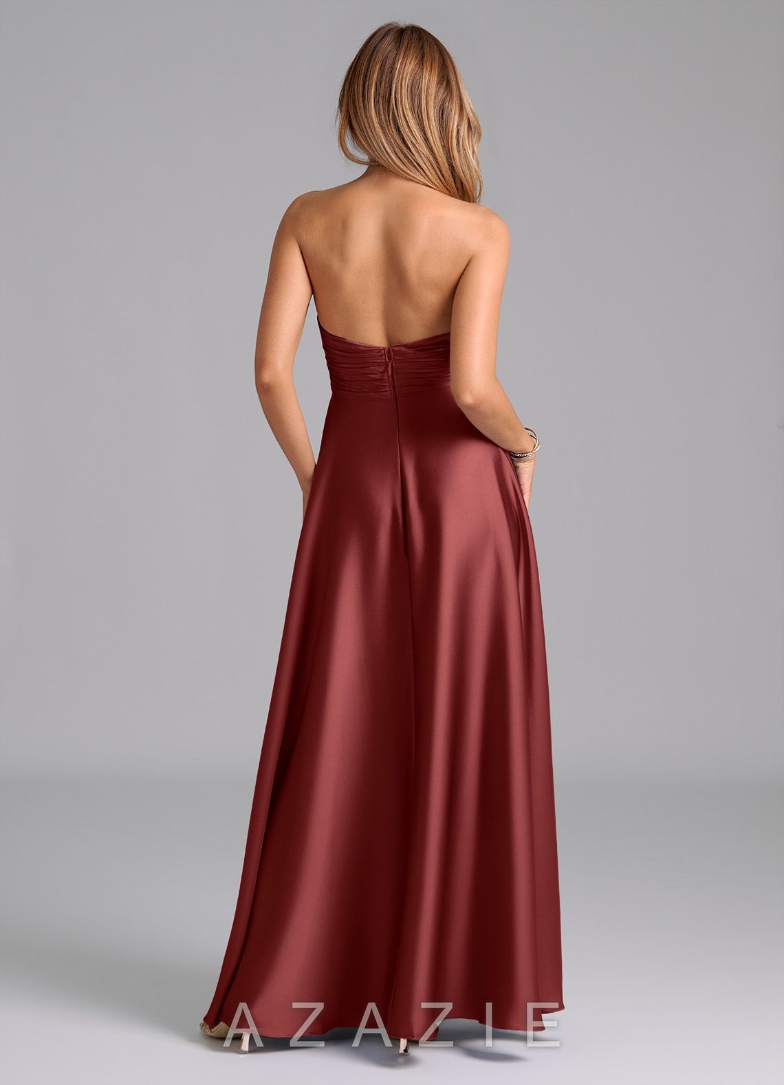 Azazie Tessie Terracotta A-Line Pleated Stretch Satin Dress terracotta