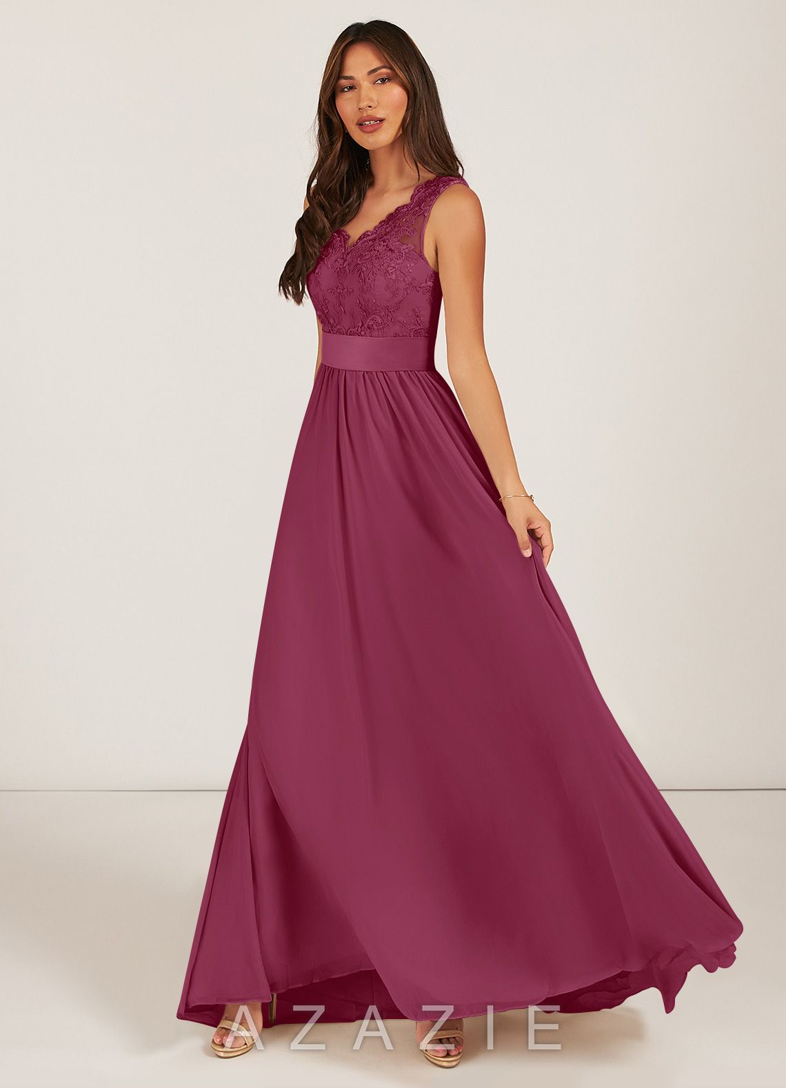 Azazie Gertrude Mulberry A-Line Lace Chiffon Dress mulberry