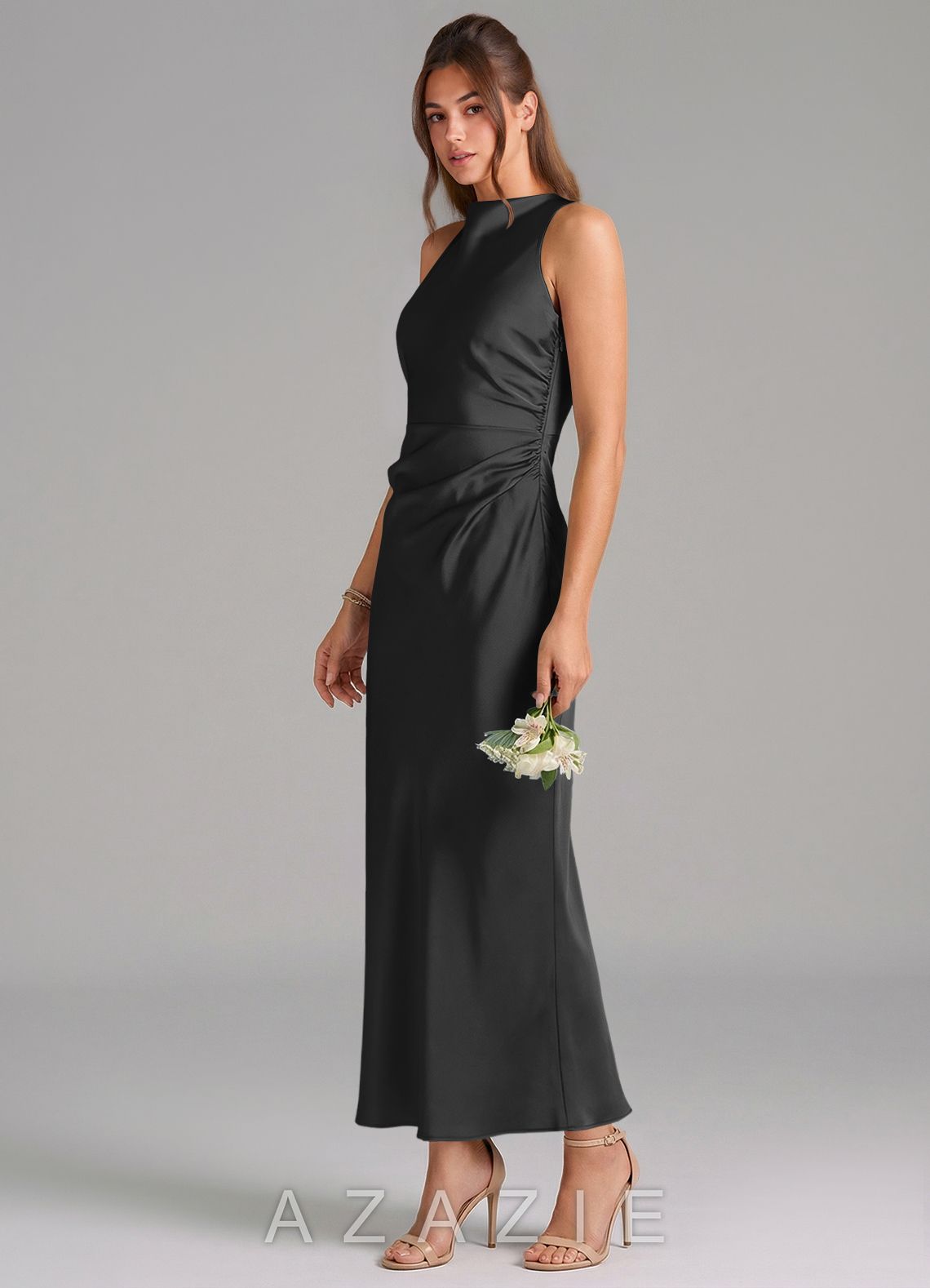 Azazie Evadne Black Sheath Pleated Stretch Satin Dress