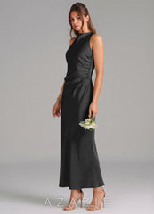 Azazie Evadne Black Sheath Pleated Stretch Satin Dress