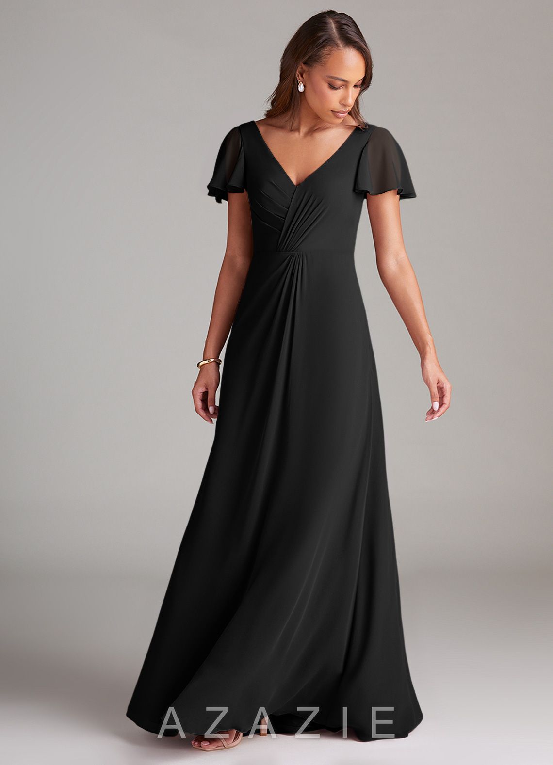 Azazie Soren Black A-Line Ruched Chiffon Dress black