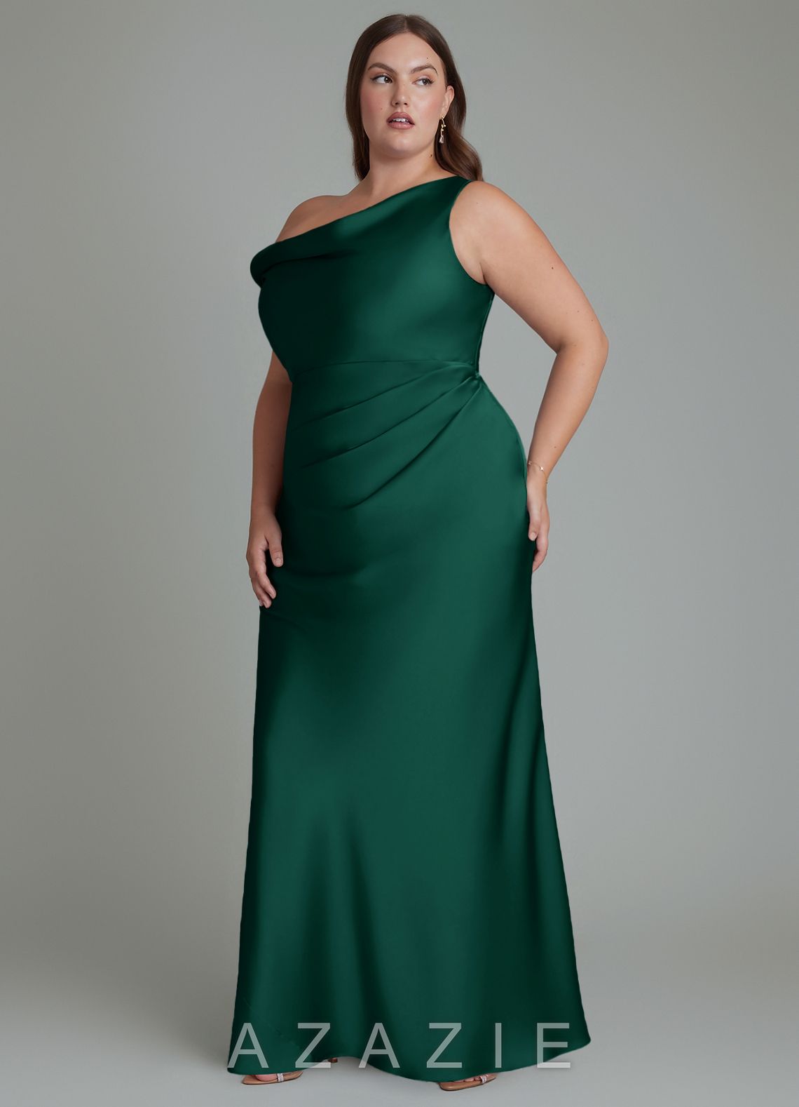 Azazie Emerson Emerald Mermaid Off the Shoulder Stretch Satin Dress emerald