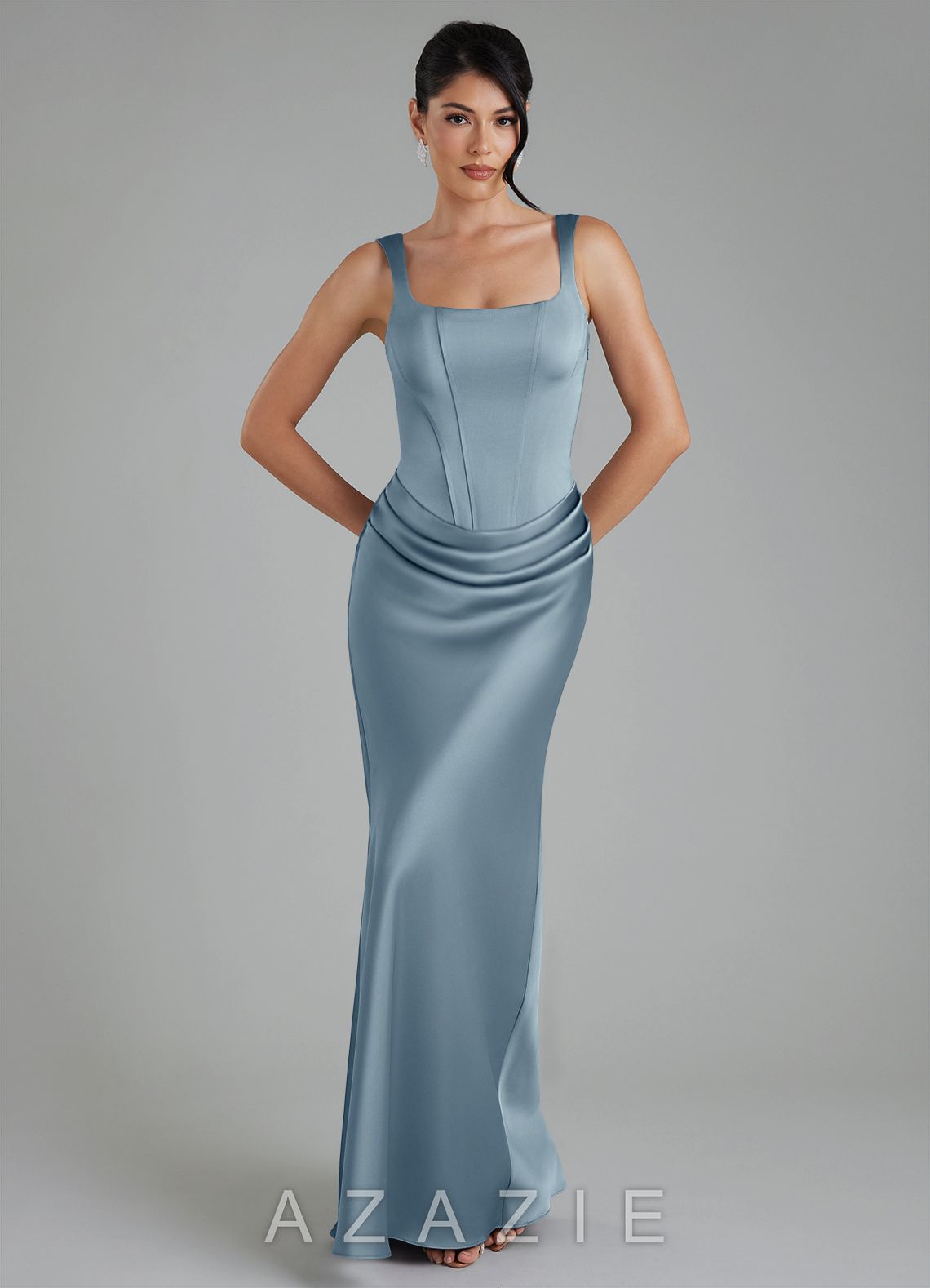 Azazie Etta Dusty Blue Mermaid Corset Stretch Satin Dress