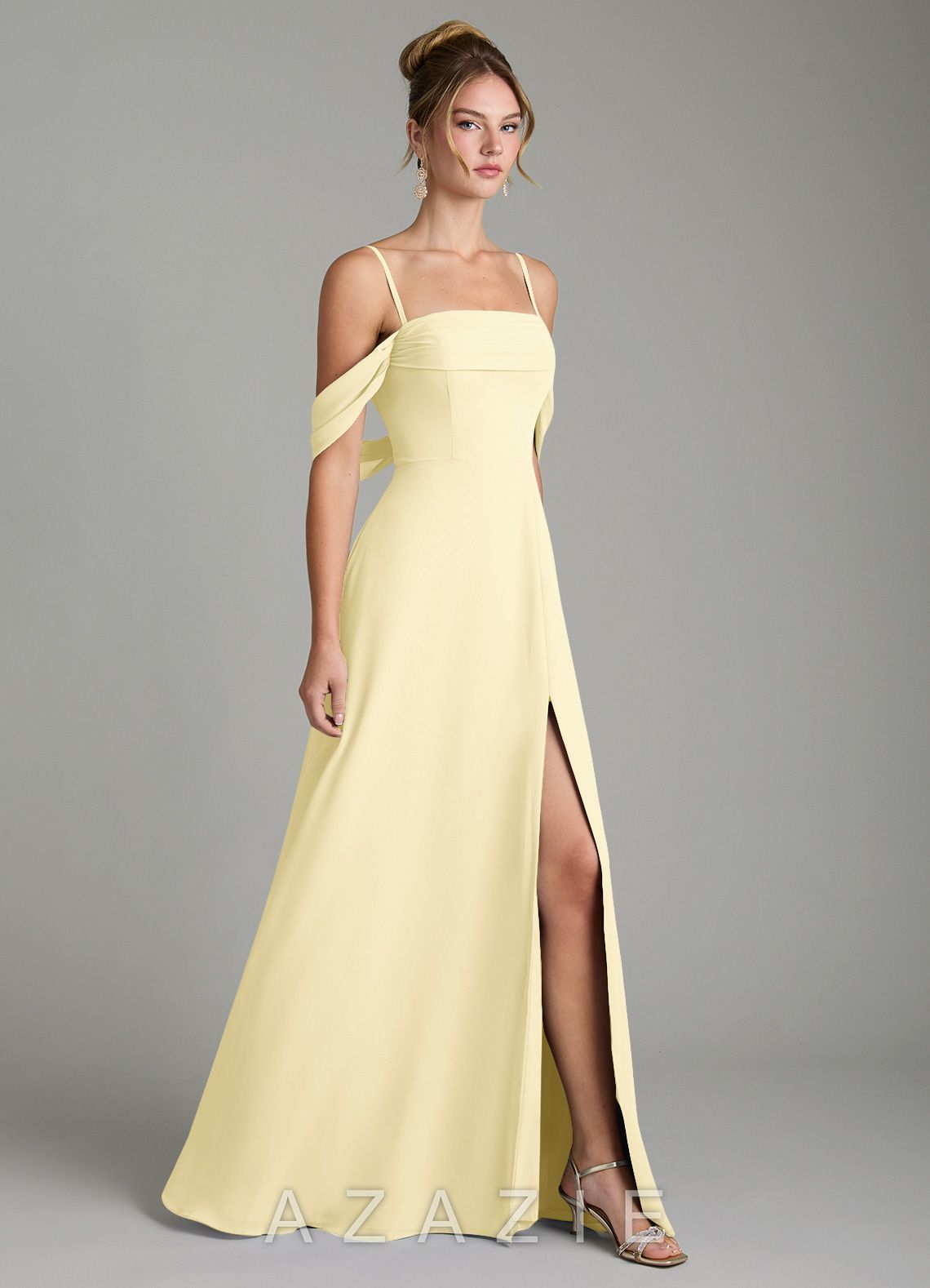 Azazie Mercedes Lemon Sorbet A-Line Off the Shoulder Chiffon Dress lemon_sorbet