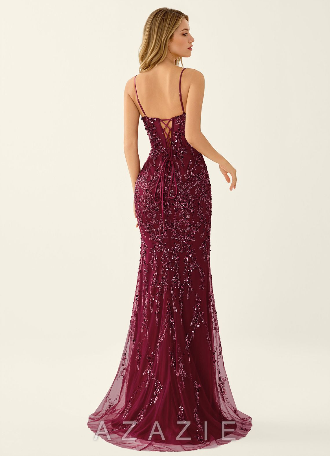 Zivah Burgundy Beaded Corset Lace Up Back Mermaid Dress  burgundy