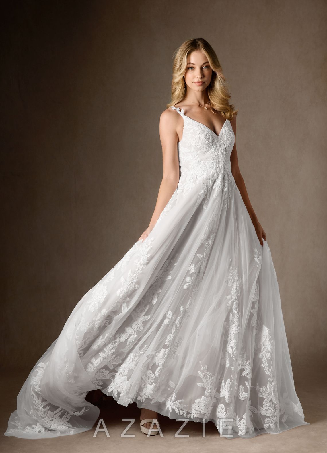 Azazie Delaina Wedding Dress Diamond White A-Line V-Neck Sequins Tulle Dress diamond_white