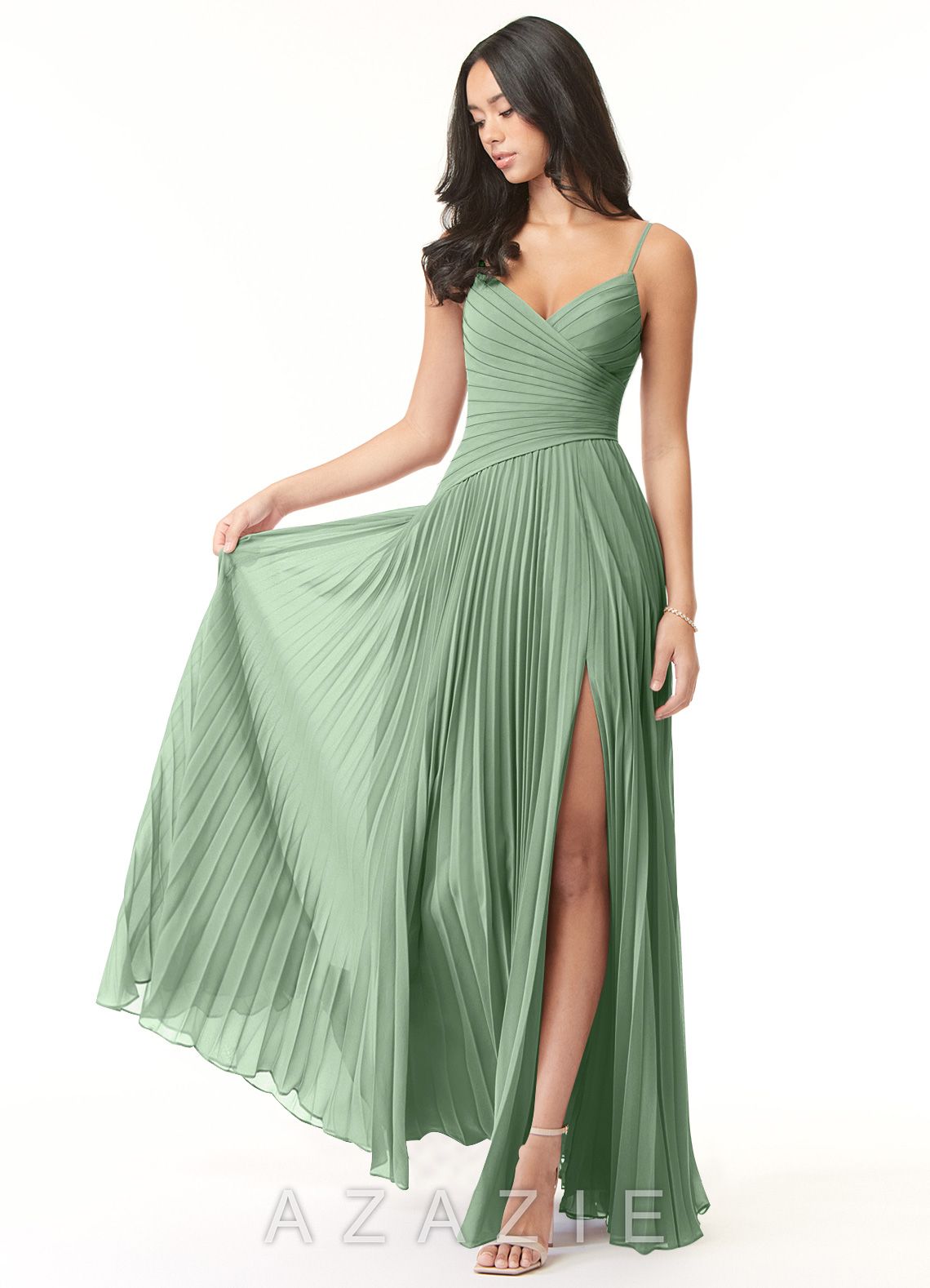 Azazie Vini Matcha A-Line V-Neck Pleated Chiffon Dress