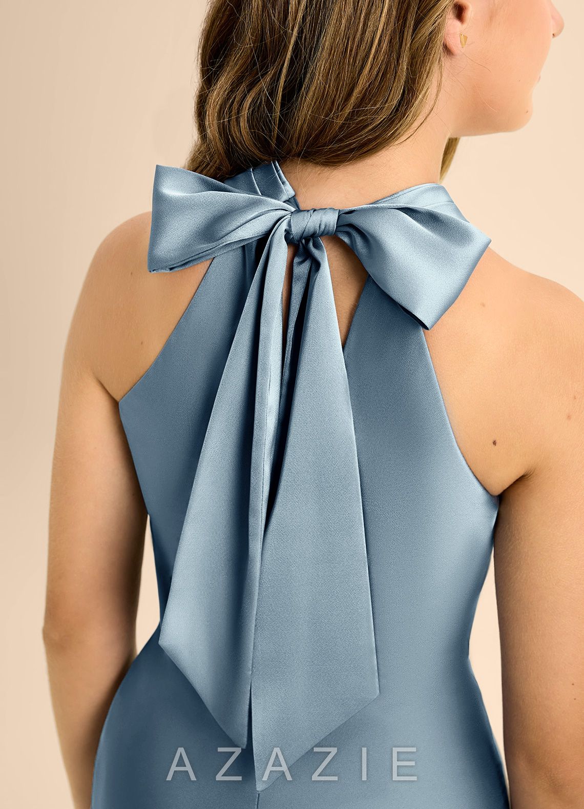 Azazie Doretta Junior Dusty Blue Mermaid Pleated Stretch Satin Dress dusty_blue