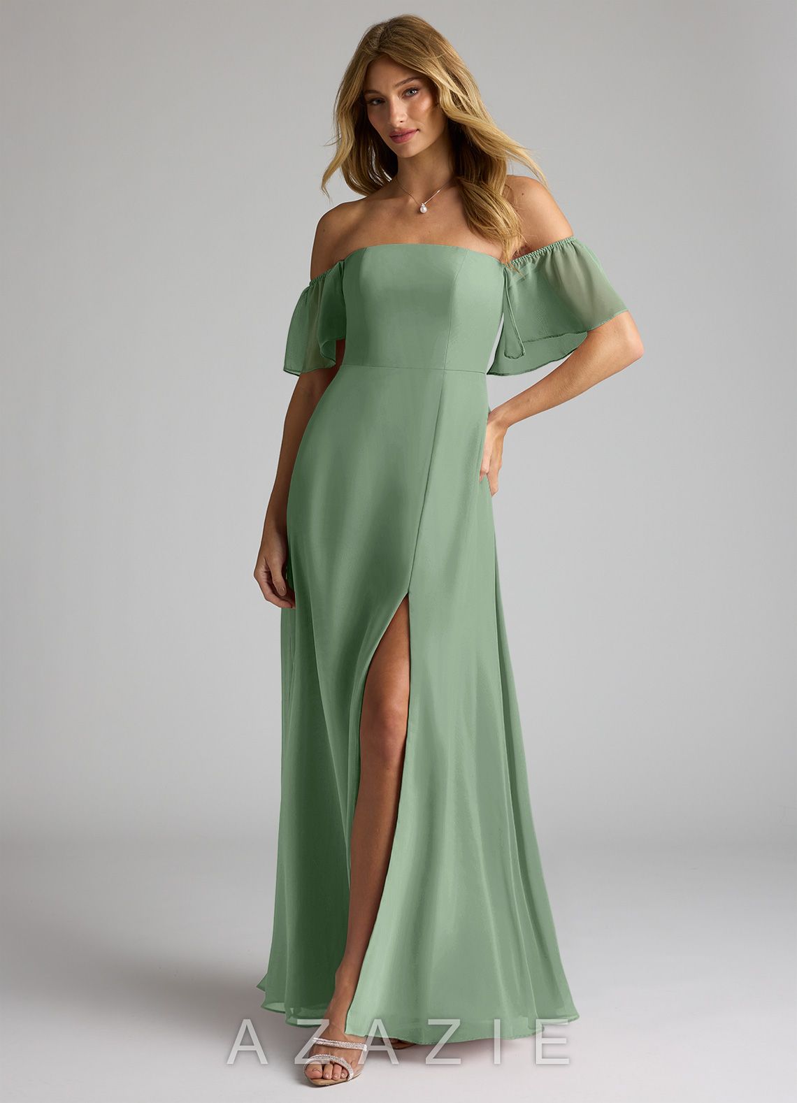 Azazie Sue Matcha A-Line Off the Shoulder Chiffon Convertible Dress matcha