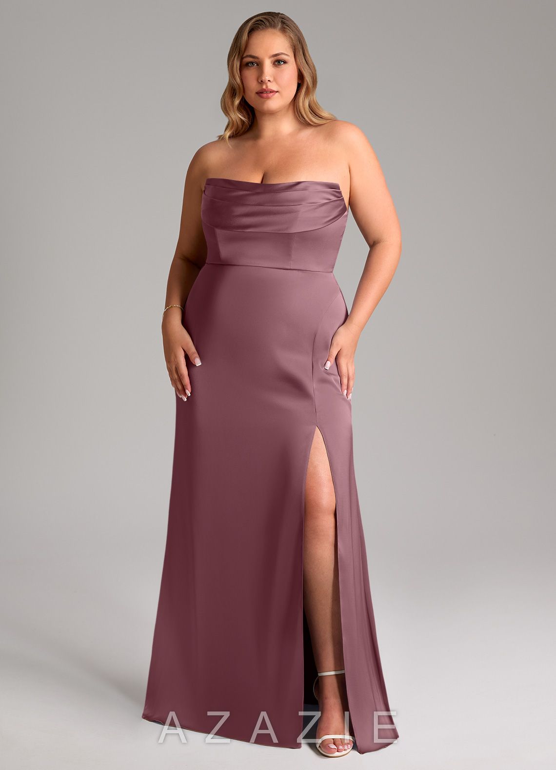 Azazie Saige Amethyst Sheath Off the Shoulder Stretch Satin Dress amethyst