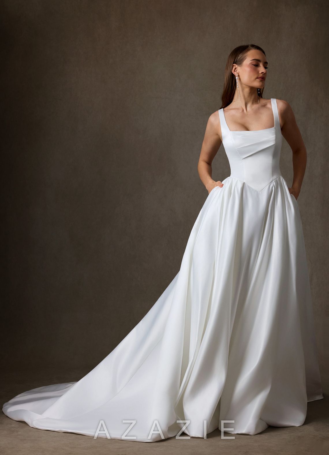 Azazie Celeste Diamond White Ball-Gown with Pockets Satin Dress diamond_white