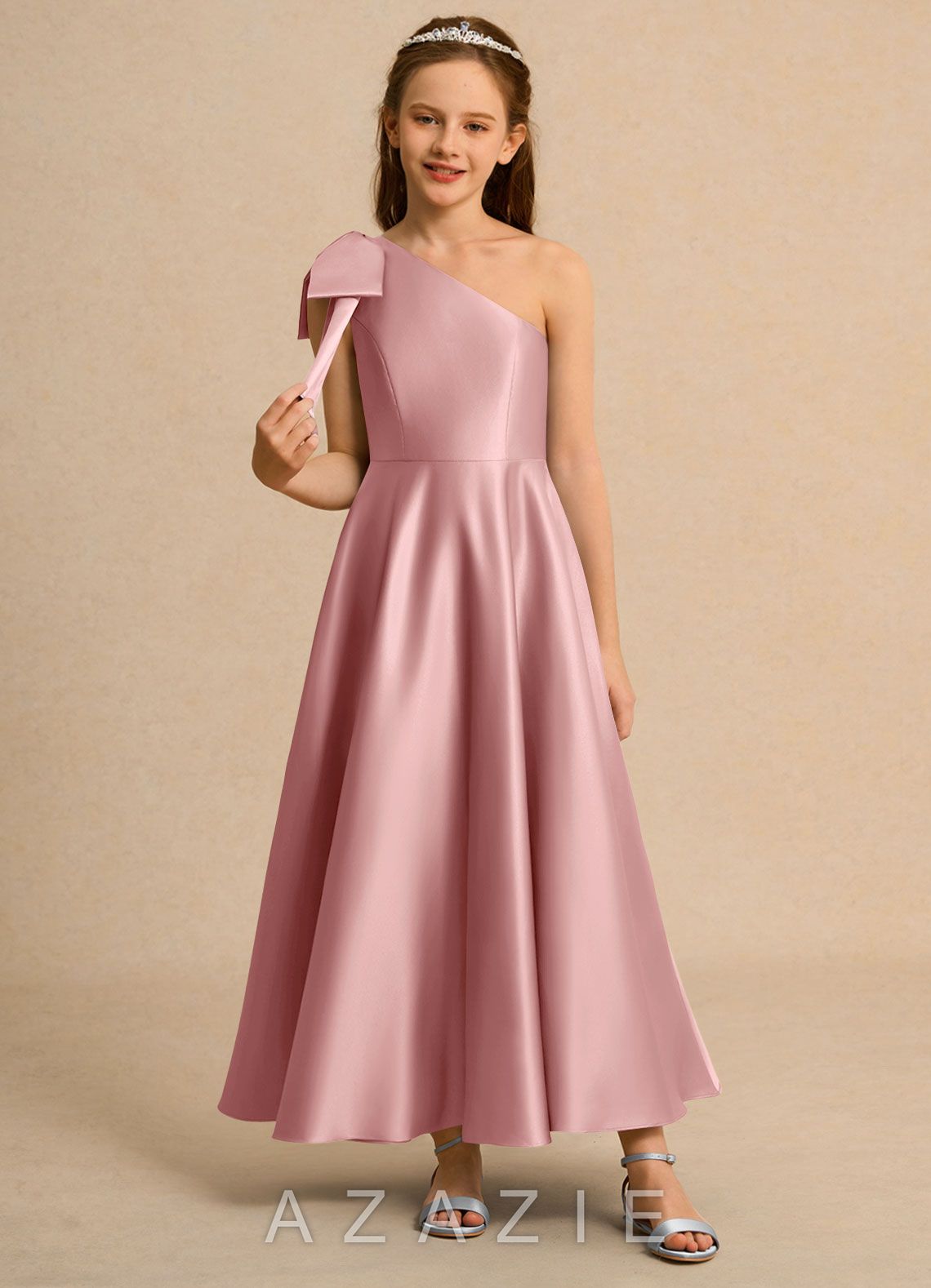 Azazie Guppy Girls Formal Dusty Rose A-Line One Shoulder Matte Satin Dress dusty_rose