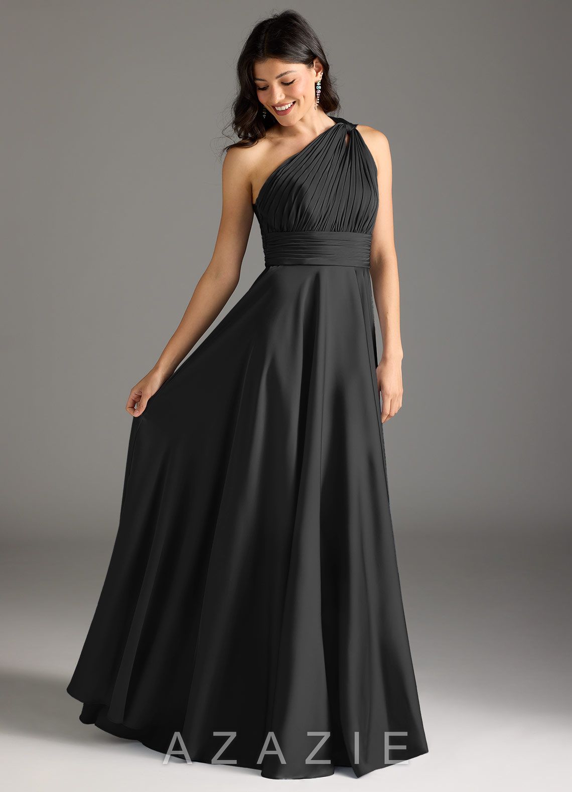 Azazie Charlize Black A-Line One Shoulder Stretch Satin Dress black