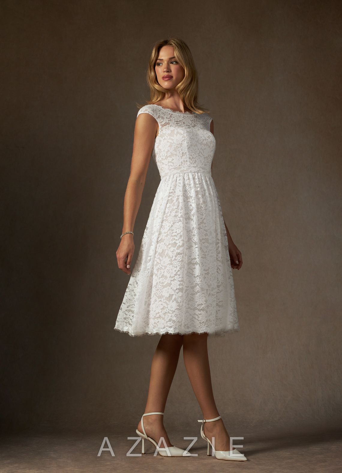 Azazie Ginnie Wedding Dress Diamond White A-Line Lace Dress