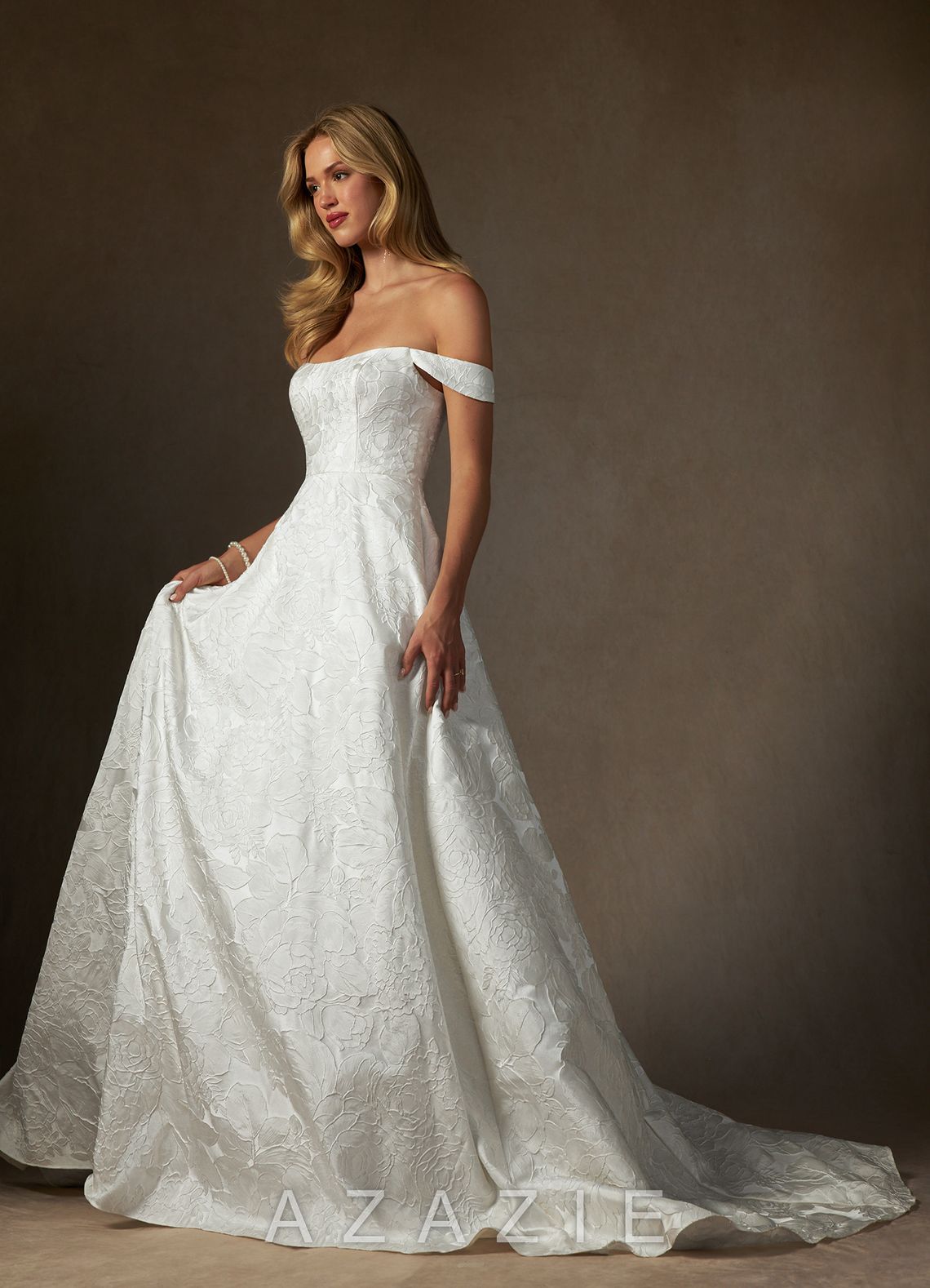 Azazie Amaya Antique White Ball-Gown Strapless Floral Jacquard Dress antique_white