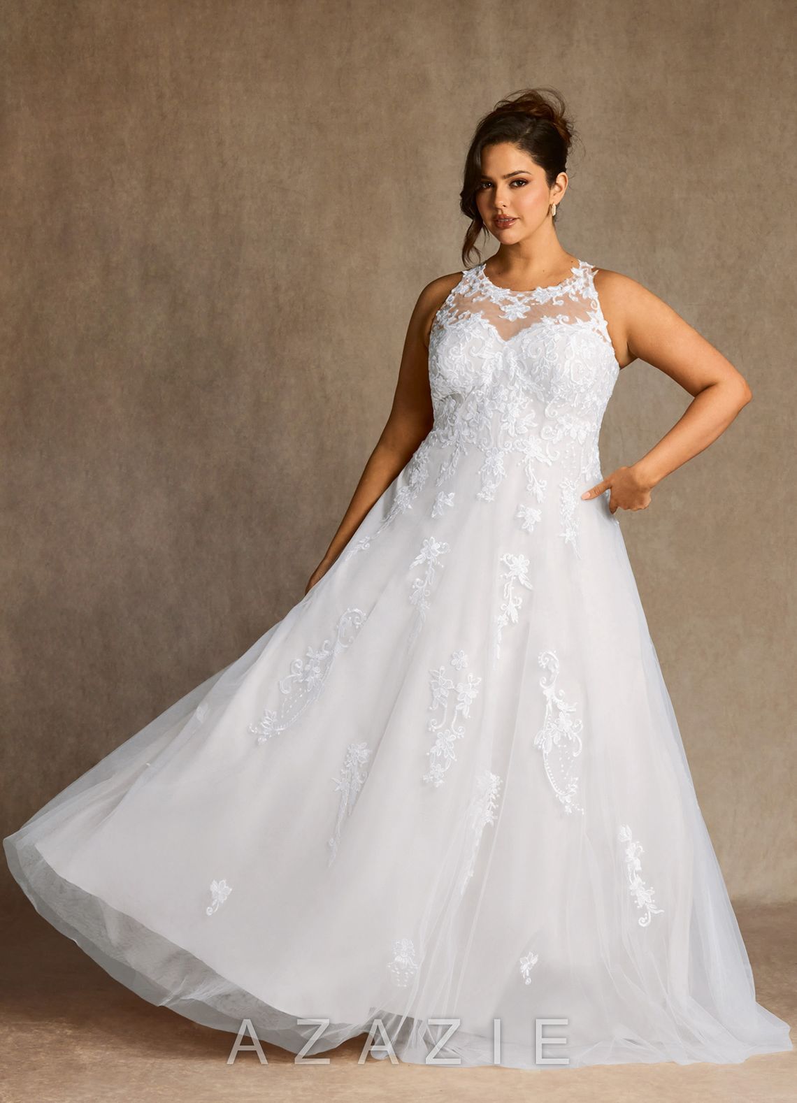 Azazie Melrose Wedding Dress Diamond White A-Line Sweetheart Lace Tulle Dress diamond_white
