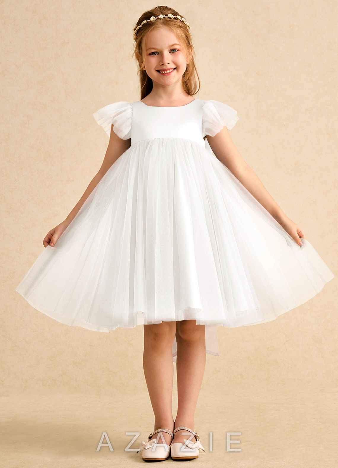 Azazie Munchkin Ivory Blushing Pink A-Line Bow Tulle Dress ivory/blushing_pink