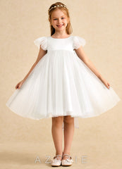 Azazie Munchkin Ivory Blushing Pink A-Line Bow Tulle Dress ivory/blushing_pink