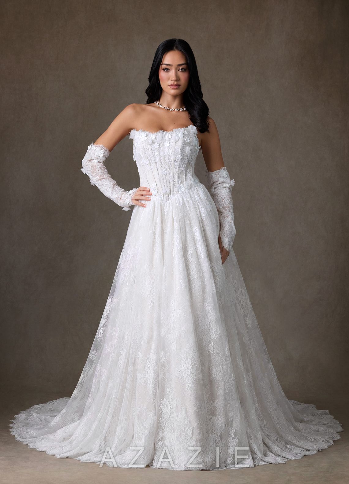 Azazie Vanessa Diamond White Ball-Gown Strapless Lace Dress diamond_white
