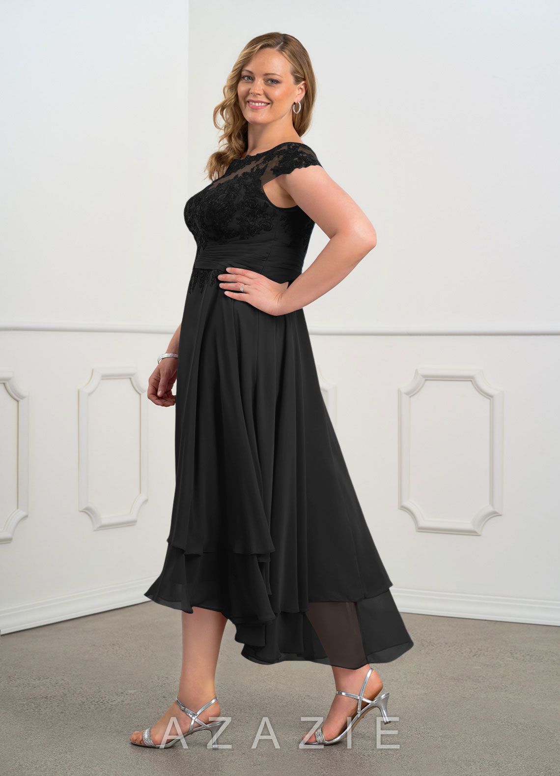 Azazie Shonda Black Lace Chiffon Dress black