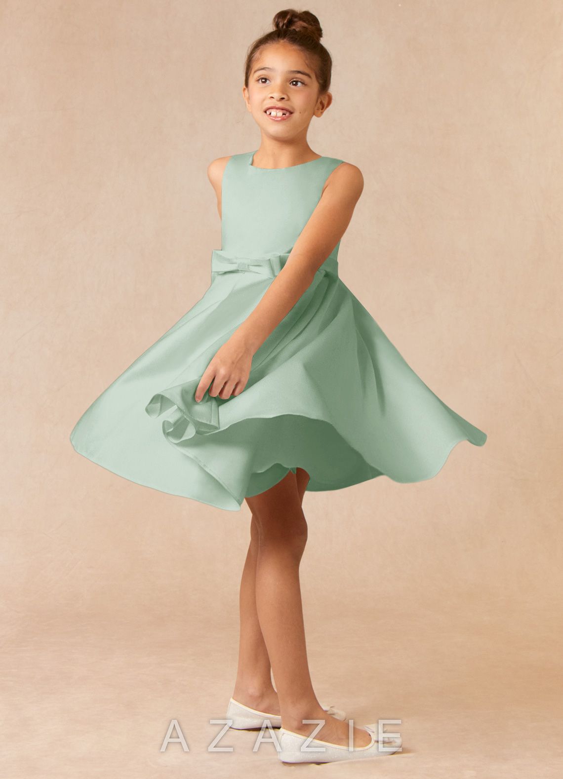 Azazie Coco Agave A-Line Bow Matte Satin Dress agave