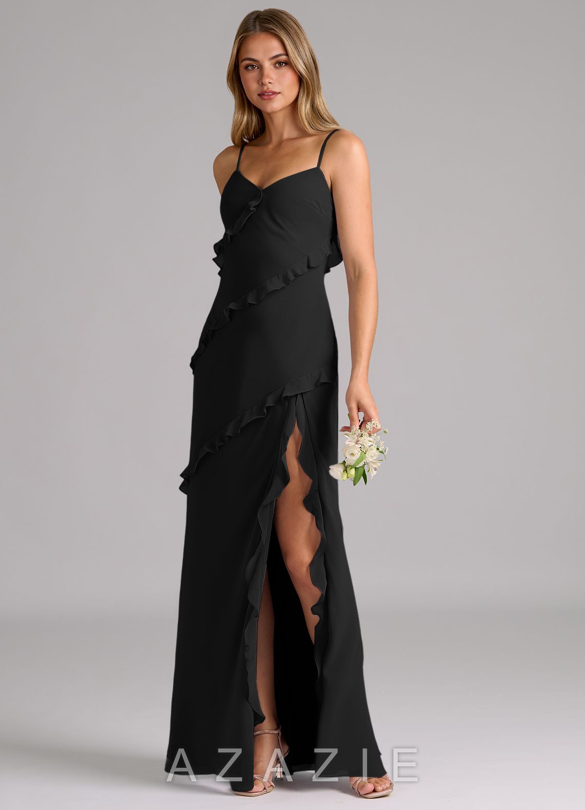 Azazie Nancie Black Mermaid Ruched Chiffon Dress black