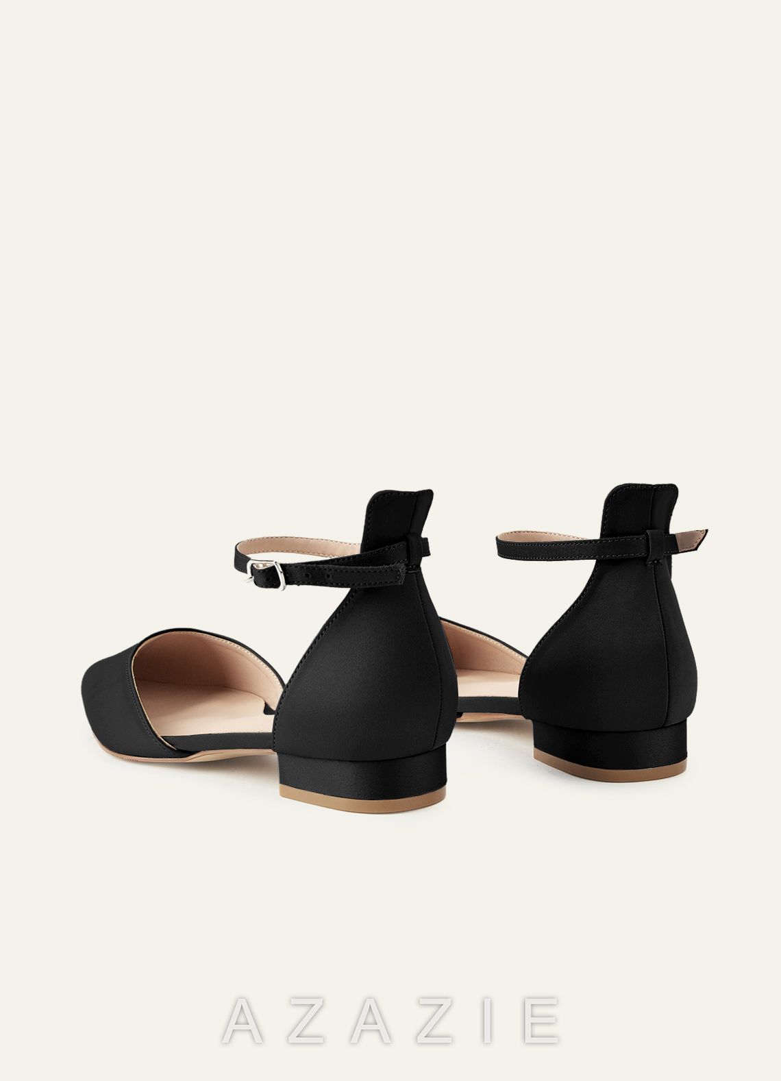 Matching Color Matte Satin Pointed Toe Ankle Strap Flat Pumps Low Heel Wedding Shoes  black