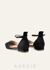 Matching Color Matte Satin Pointed Toe Ankle Strap Flat Pumps Low Heel Wedding Shoes  black