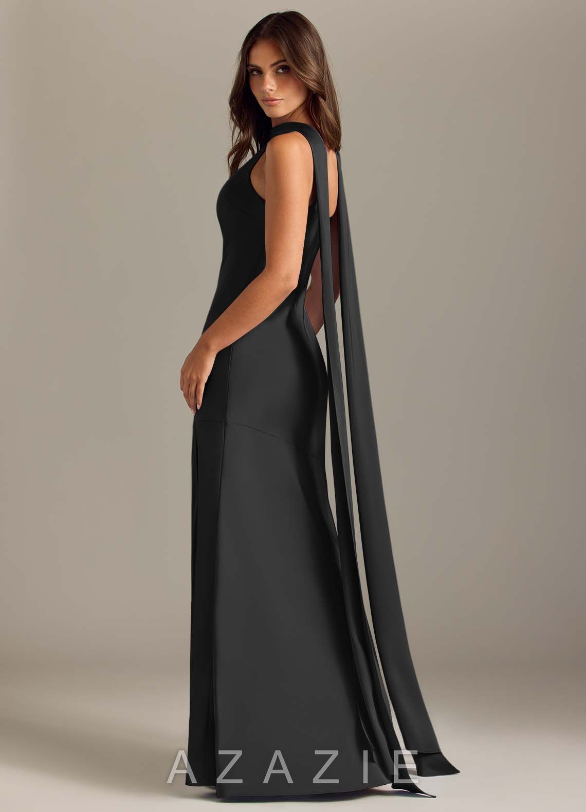 Azazie Kinsley Black Mermaid Side Slit Stretch Satin Dress black