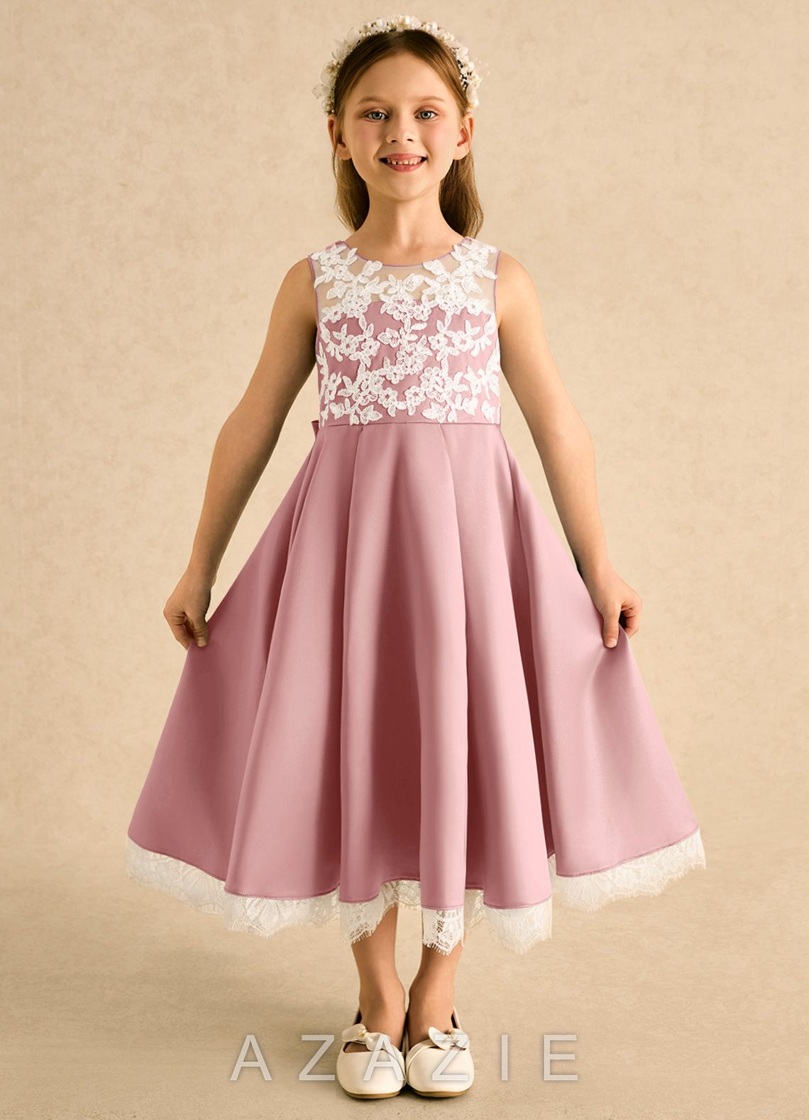 Azazie Amari Dusty Rose A-Line Lace Matte Satin Dress dusty_rose