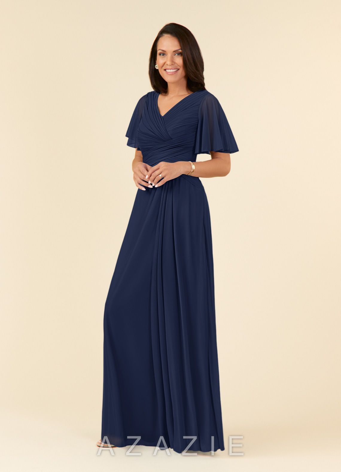 Azazie Emmeline Dark Navy A-Line V-Neck Pleated Mesh Dress dark_navy