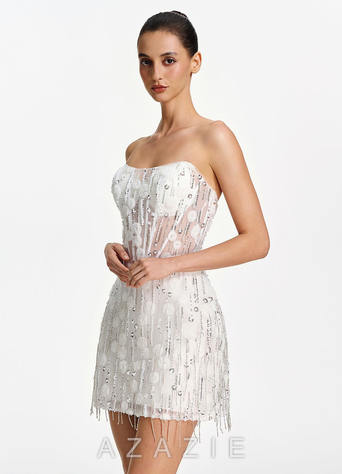 Madison White Strapless Mesh Corset Fringe Mini Dress