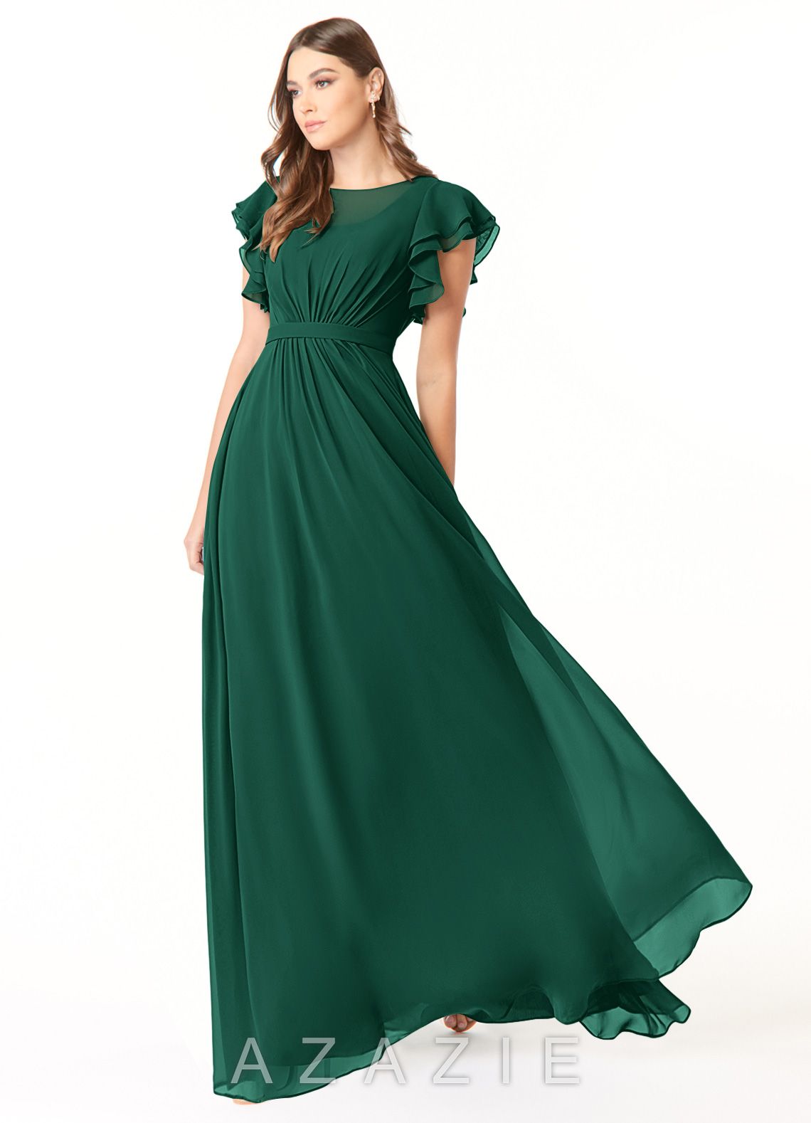 Azazie Daphne A-Line Ruffled Chiffon Floor-Length Dress emerald