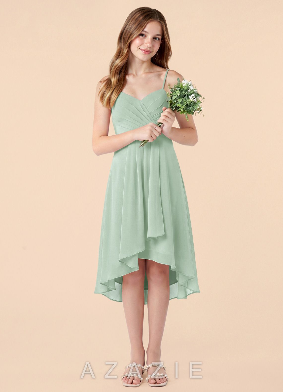 Azazie Mariam Junior Agave A-Line Pleated Chiffon Dress agave