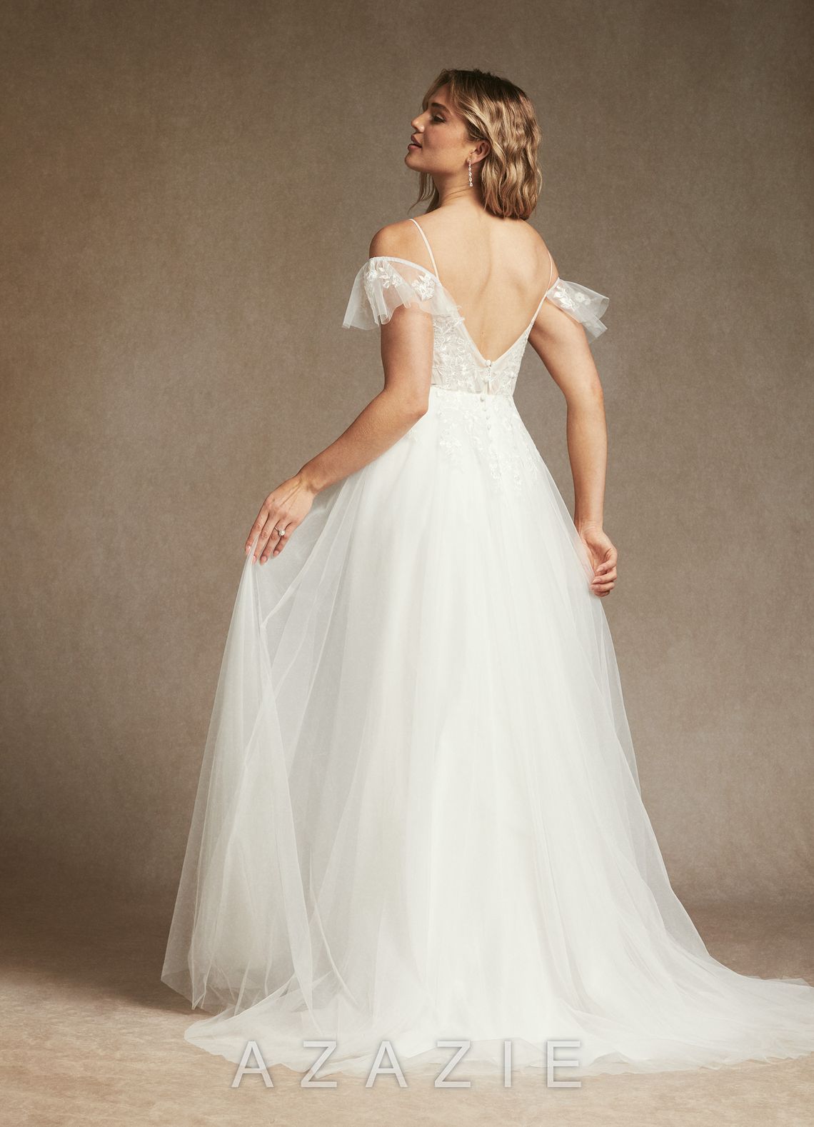 Azazie Iva Wedding Dress Diamond White Champagne A-Line V-Neck Sequins Tulle Dress diamond_white/champagne