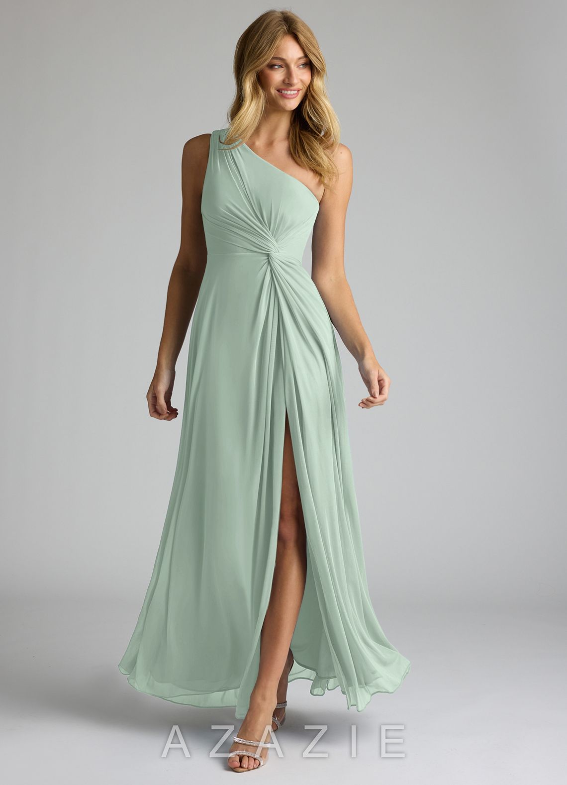 Azazie Brooke Agave A-Line One Shoulder Mesh Dress agave